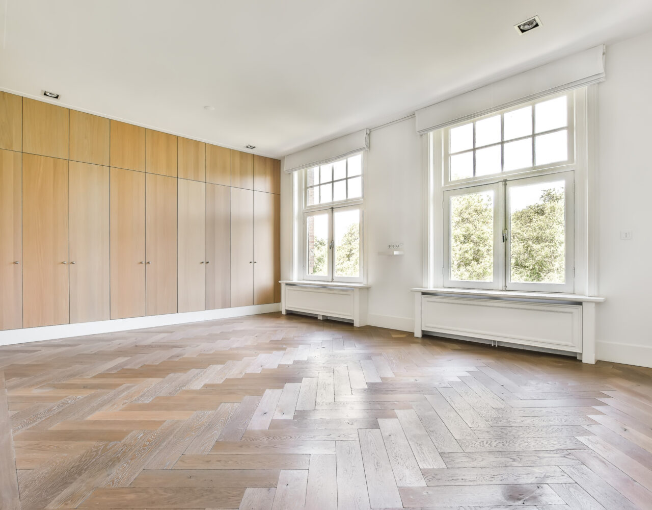 Modern living room with wall-to-wall built-in wood cabinets. Spacious semi empty style living room